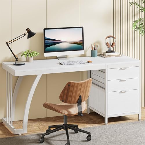 White 59-Inch Computer Desk with 3 Drawers T4067