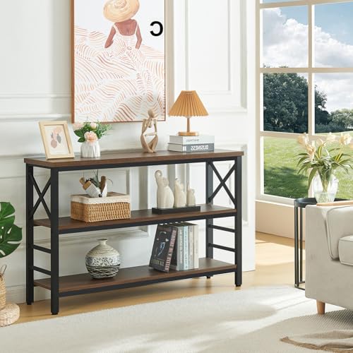47" Industrial 3-Tier Metal Console Table with Shelves, Brown F24822