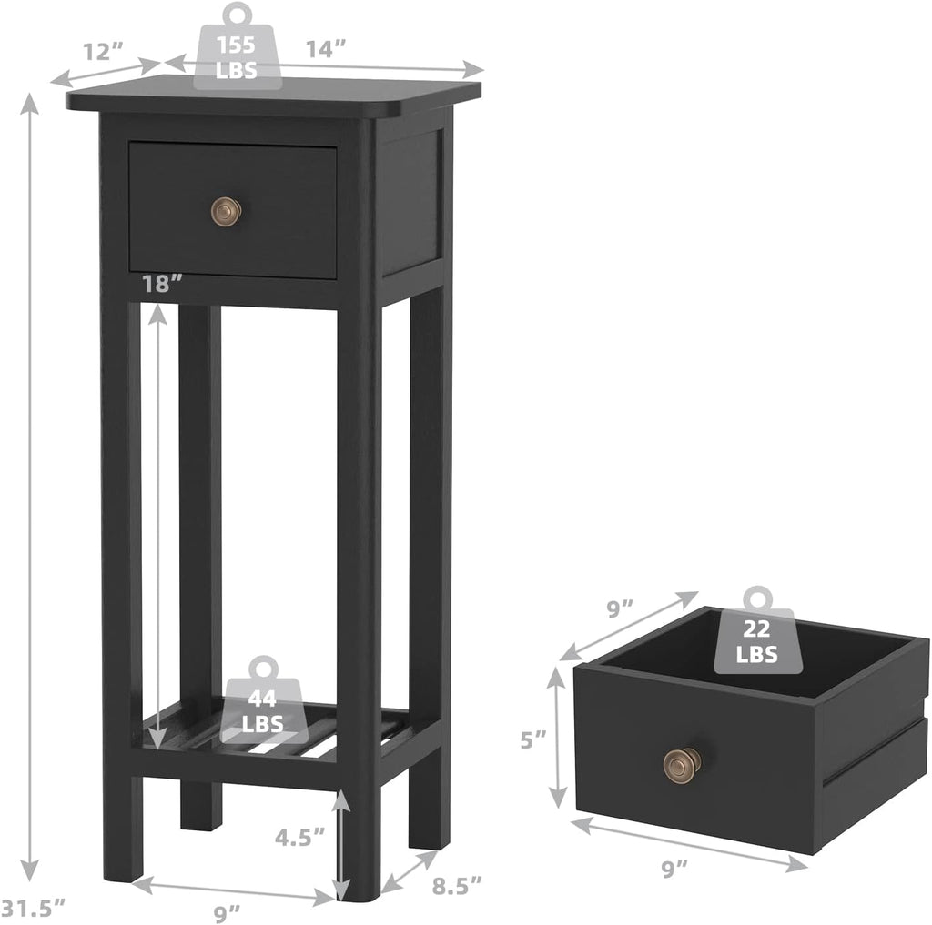Black Narrow End Table Set of 2 with Drawer & Shelf N3581