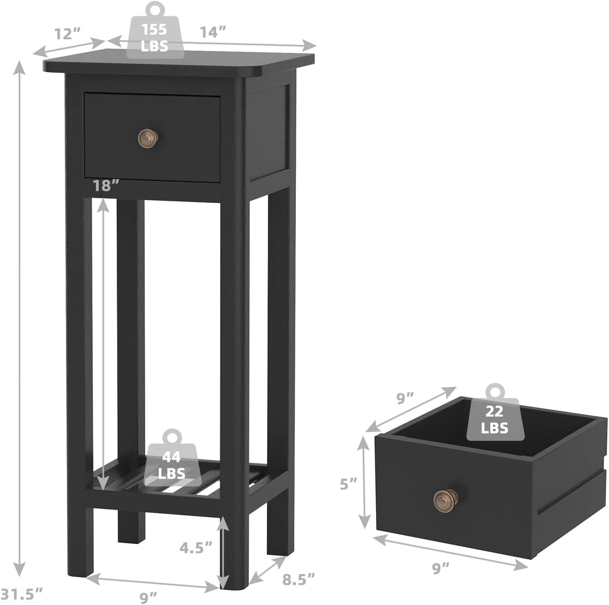 Black Narrow End Table Set of 2 with Drawer & Shelf N3581