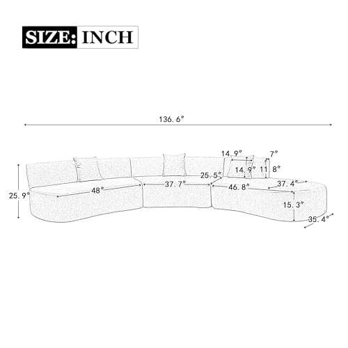 Beige Chenille Curved Sofa Sectional with Three Throw Pillows A457