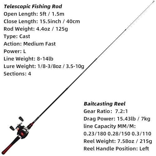 Fishing Rod and Reel Combo Baitcasting Baitcast Reel 5 Foot Fiberglass Telescopic Rod with Fishing Line T59746