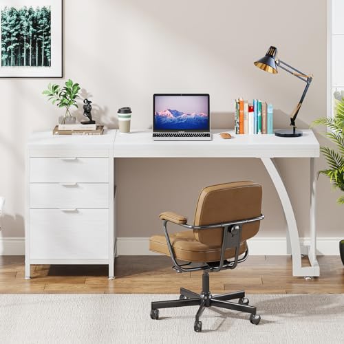 White 59-Inch Computer Desk with 3 Drawers T4067
