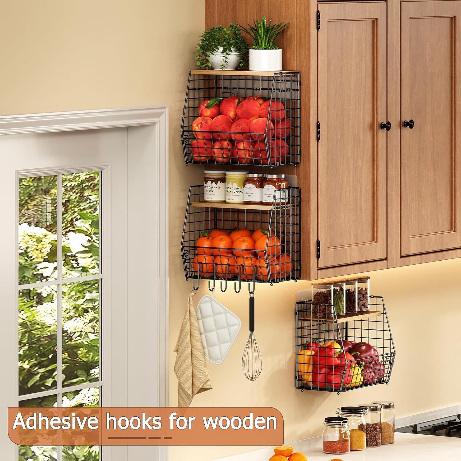3 Pack Hanging Wire Basket with Wood Lid & S Hook U5548