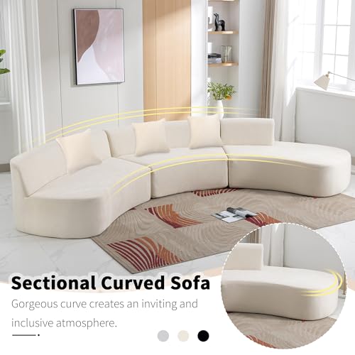 Beige Chenille Curved Sofa Sectional with Three Throw Pillows A457