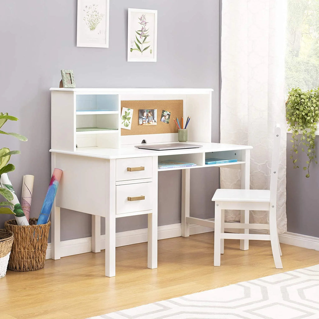White Desk Hutch and Chair with Drawers O8547