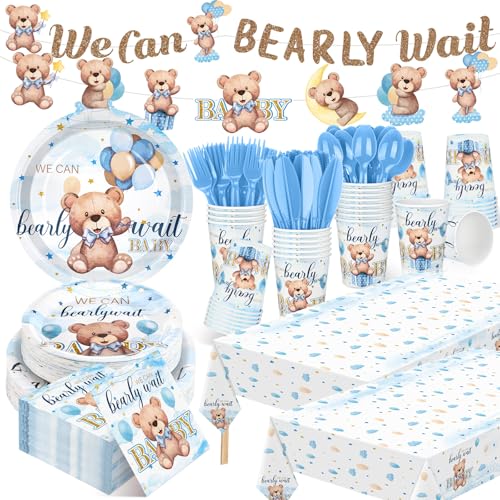 405 Pcs Blue Baby Shower Tableware Set with Plates, Napkins, Cups, Tablecloth, Banner D207772