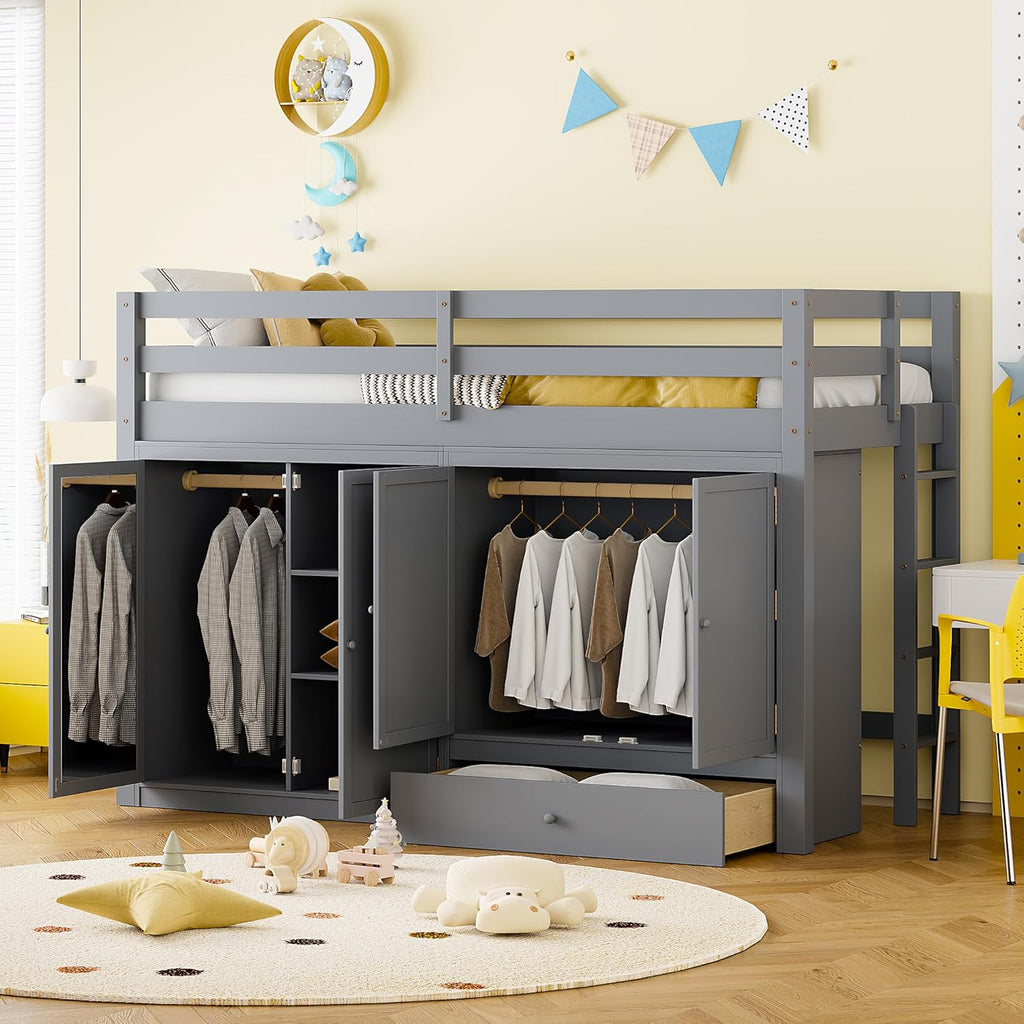 Gray Wood Twin Size Loft Bed with Storage Drawer and Two Wardrobes Q6968
