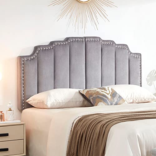 Grey Velvet Upholstered Tufted Headboard for King Size Bed H922308