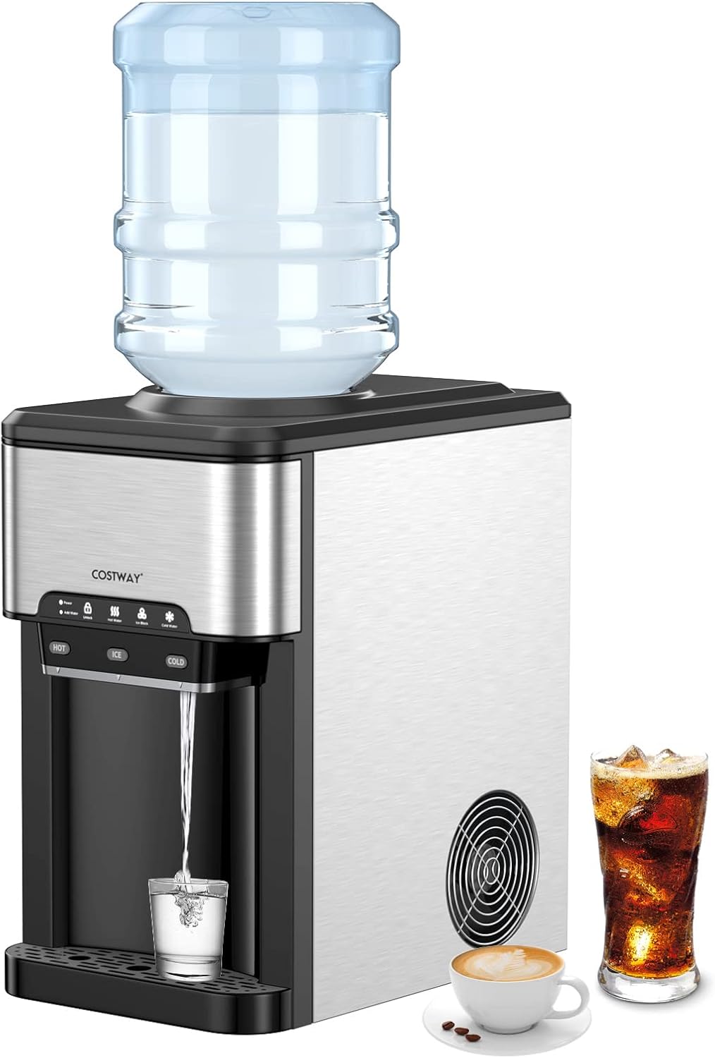 Water Dispenser with Ice Maker, 3-in-1 Countertop Top-Loading Hot Cold Water Cooler Machine, 48Lbs/24H, 12 Cubes, 4Lbs Storage Basket P303141