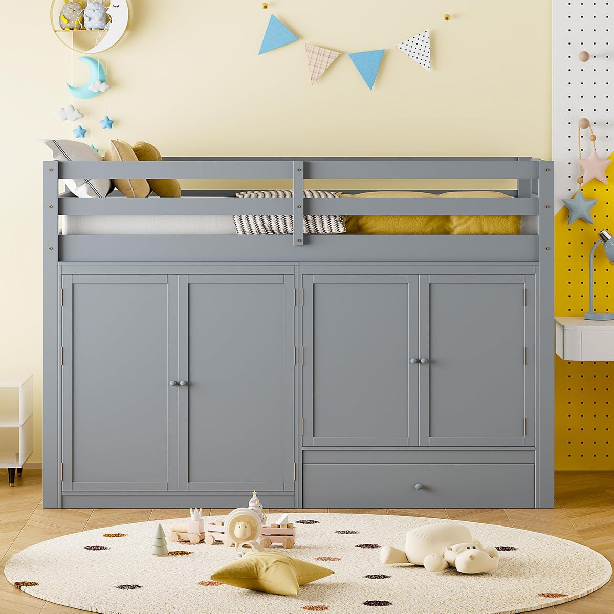 Gray Wood Twin Size Loft Bed with Storage Drawer and Two Wardrobes Q6968