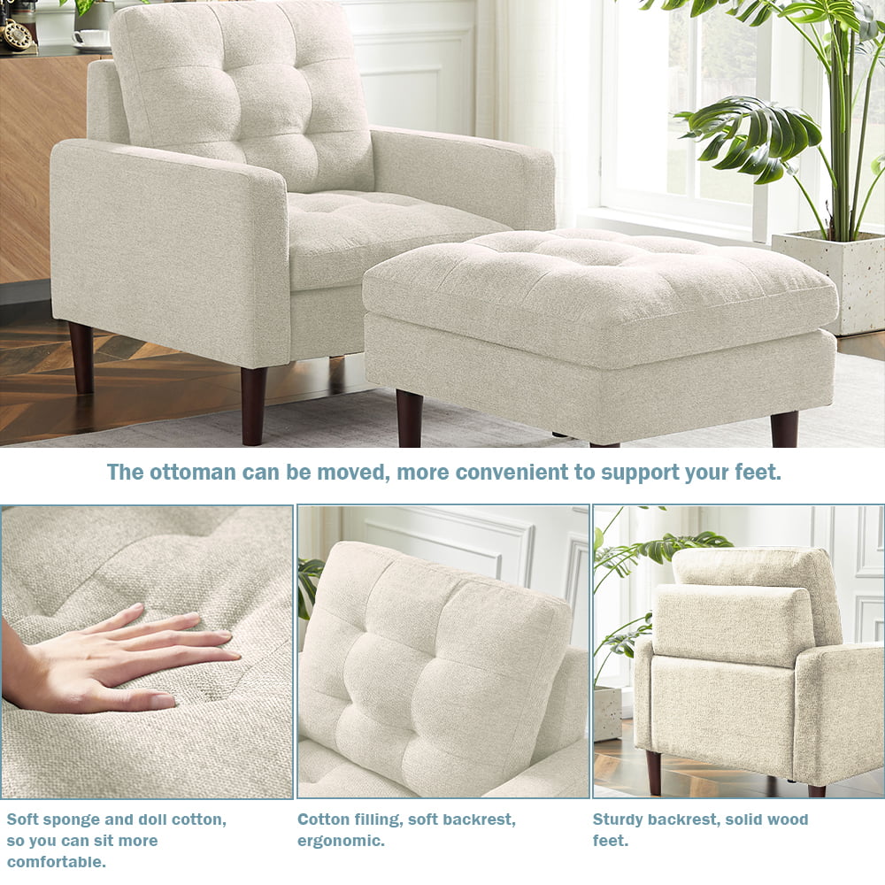 Beige Fabric Accent Chair with Ottoman and Solid Wood Legs D1463