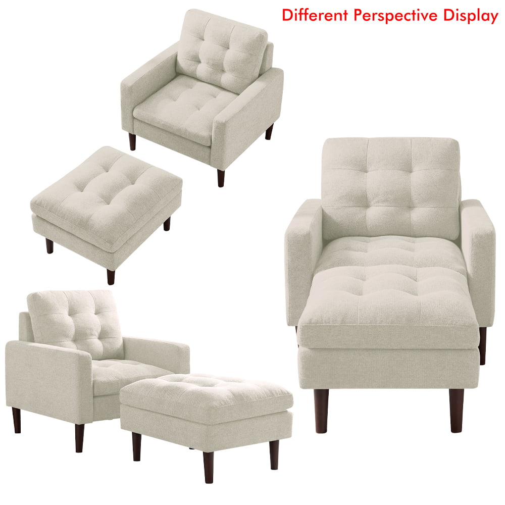 Beige Fabric Accent Chair with Ottoman and Solid Wood Legs D1463