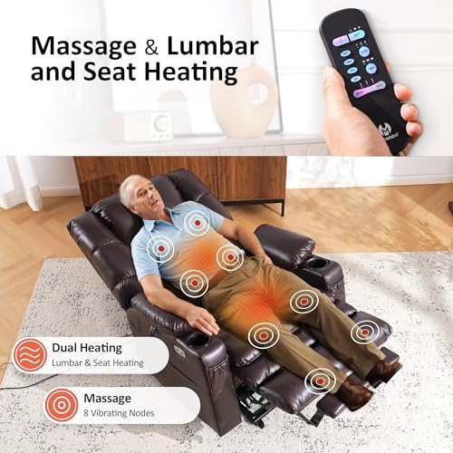 Large Triple Motor Power Lift Recliner Chair with Massage and Dual Heating, Faux Leather (Dark Brown) J52196