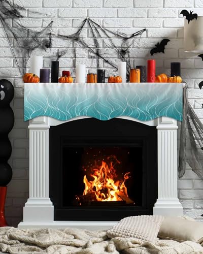 Ombre Teal Blue White Striped Mantel Runner 60 x 17 Inches P337456