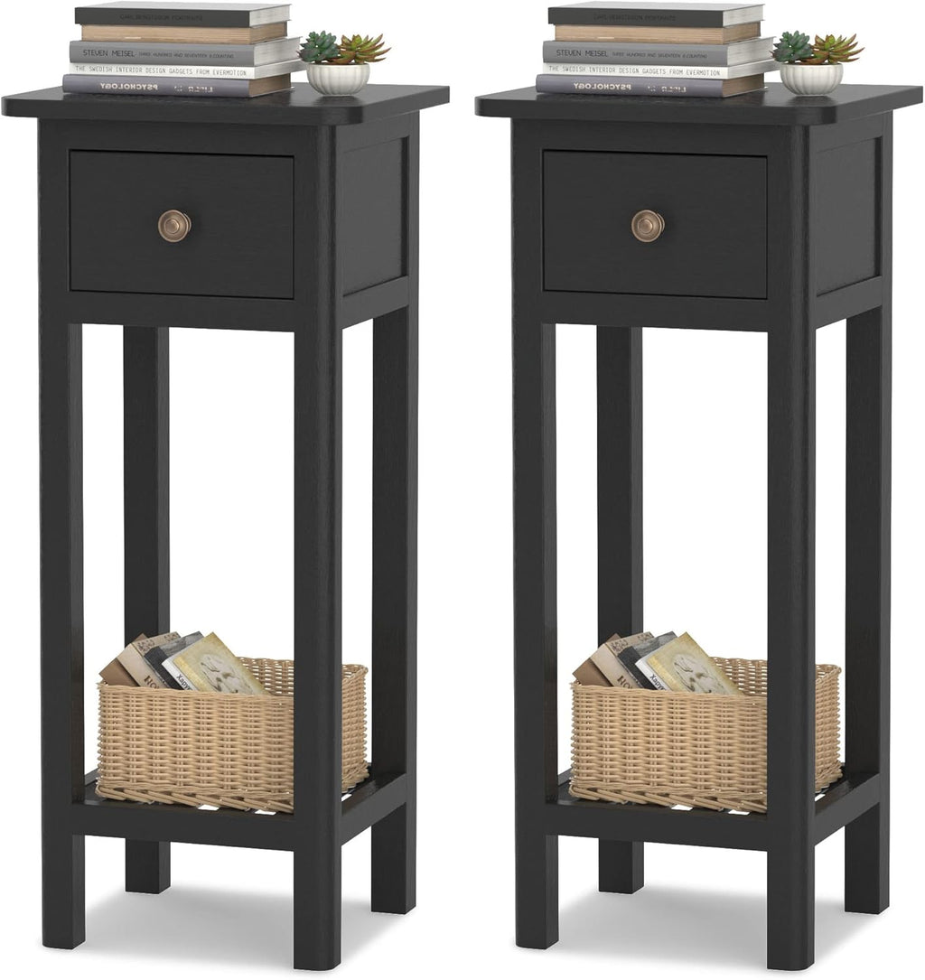 Black Narrow End Table Set of 2 with Drawer & Shelf N3581