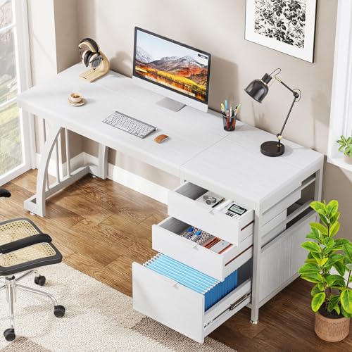 White 59-Inch Computer Desk with 3 Drawers T4067