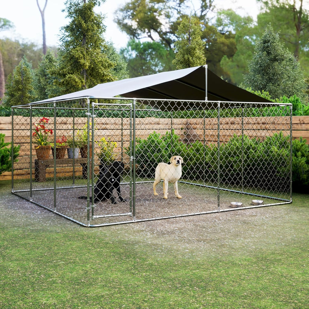 Large Outdoor Dog Kennel with Roof, Chain Link Enclosure, Galvanized Steel, 177.6 x 177.6 x 91.2 Inch O1039