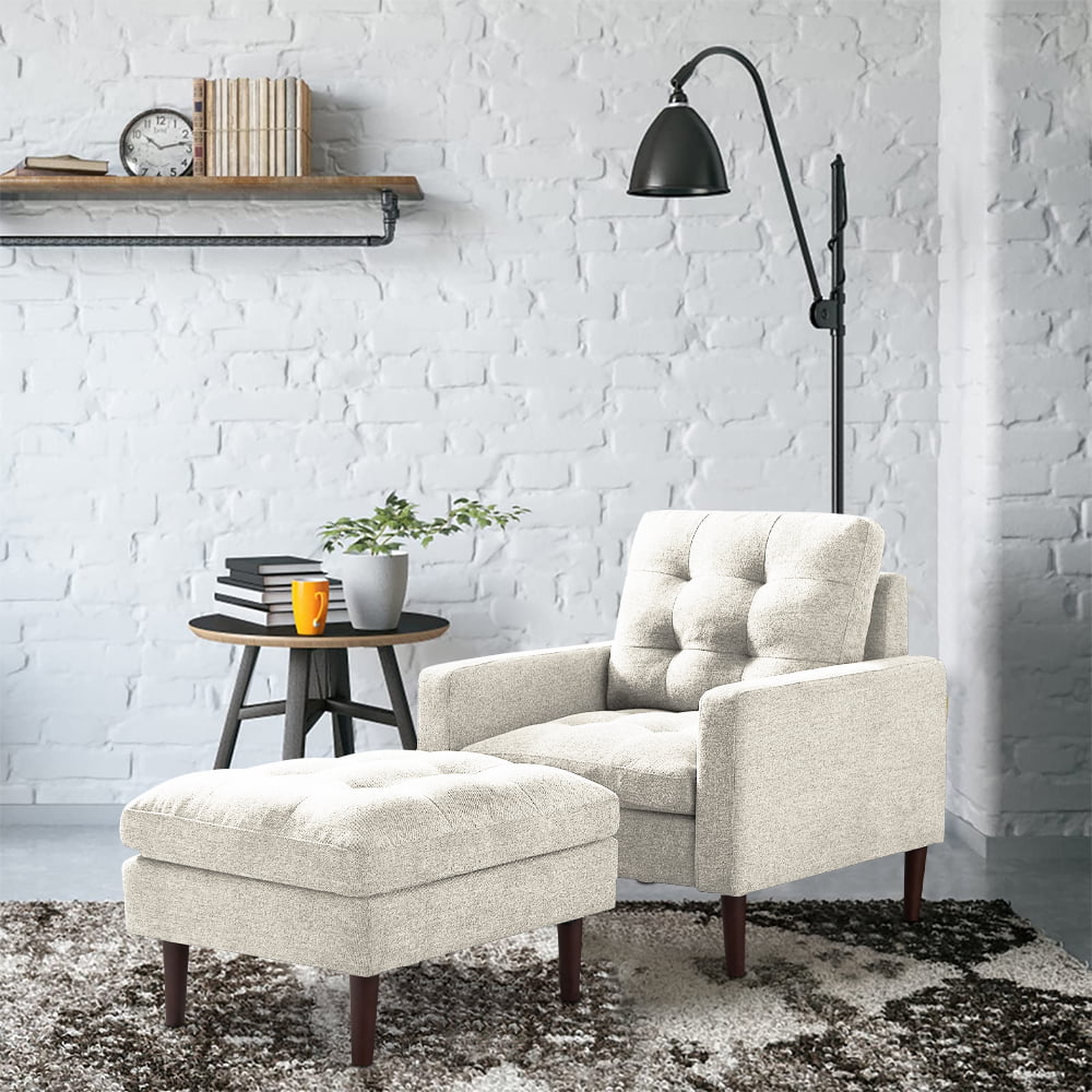 Beige Fabric Accent Chair with Ottoman and Solid Wood Legs D1463