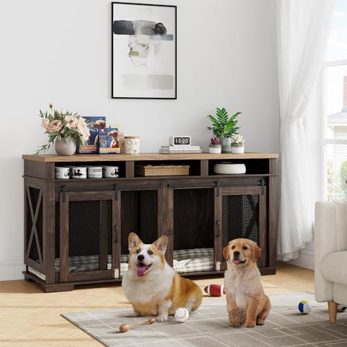 Brown Wooden Dog Crate with 3 Storages and Removable Divider C568