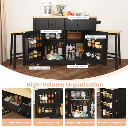 Black 48-inch Rolling Kitchen Island with Drop Leaf & Power Outlet U974002