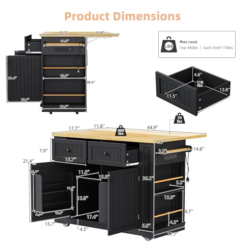 Black 48-inch Rolling Kitchen Island with Drop Leaf & Power Outlet U974002