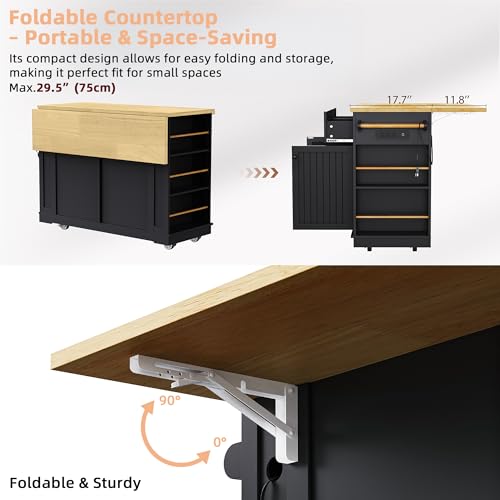 Black 48-inch Rolling Kitchen Island with Drop Leaf & Power Outlet U974002