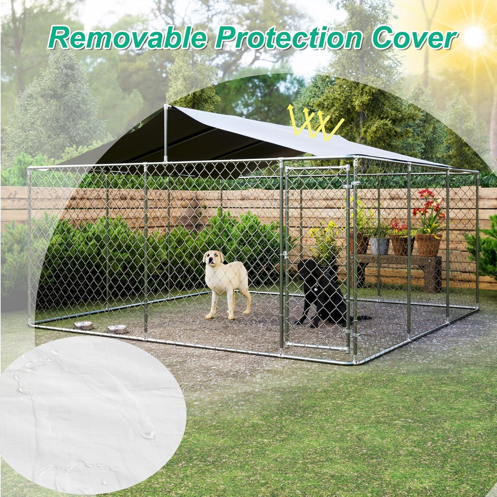 Large Outdoor Dog Kennel with Roof, Chain Link Enclosure, Galvanized Steel, 177.6 x 177.6 x 91.2 Inch O1039