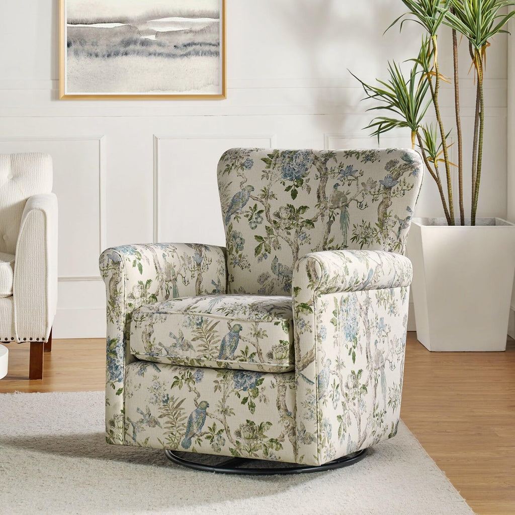 Floral Fabric Swivel Rocker Chair with Rolled Armrest V534684