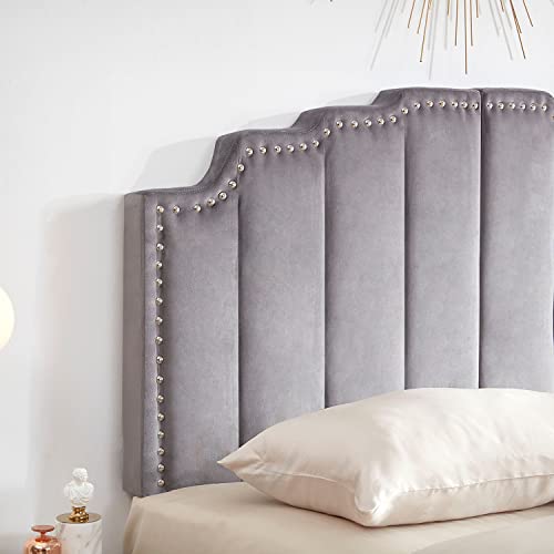 Grey Velvet Upholstered Tufted Headboard for King Size Bed H922308