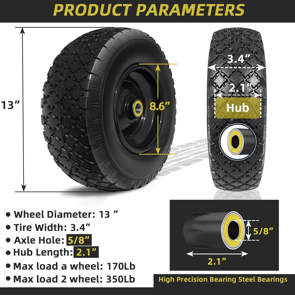 13” Replacement Solid Tire and Wheel Assemblies with 5/8” Axle Bore Hole, 2 Packs I389
