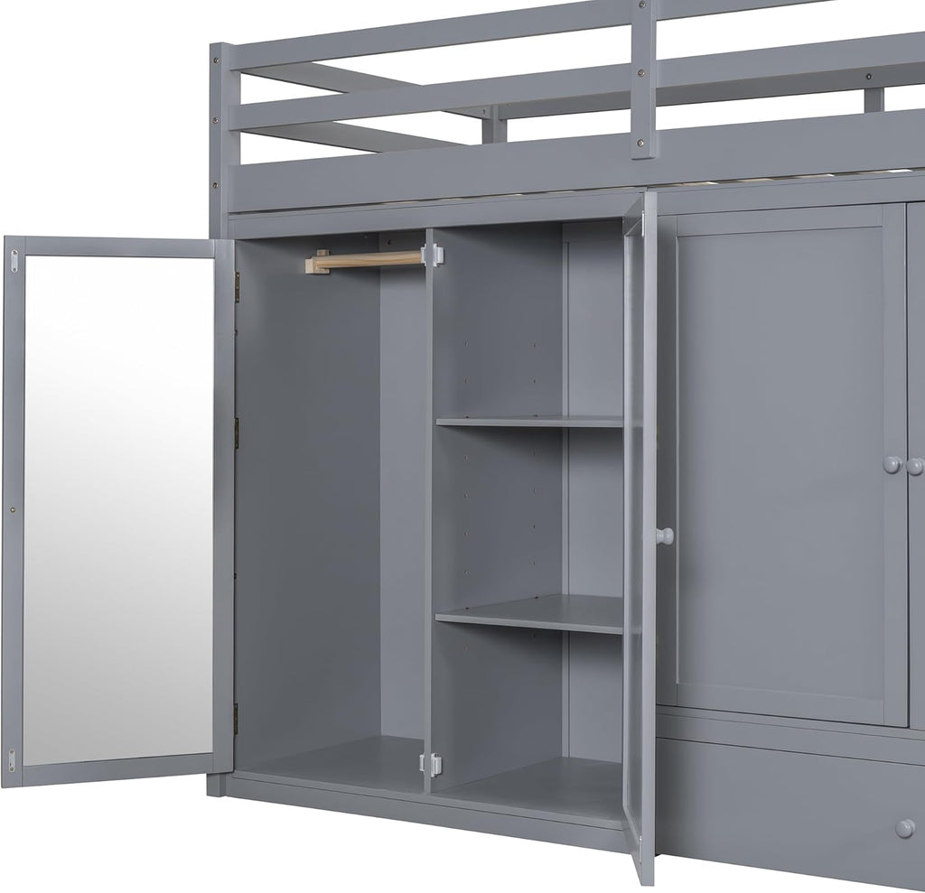 Gray Wood Twin Size Loft Bed with Storage Drawer and Two Wardrobes Q6968