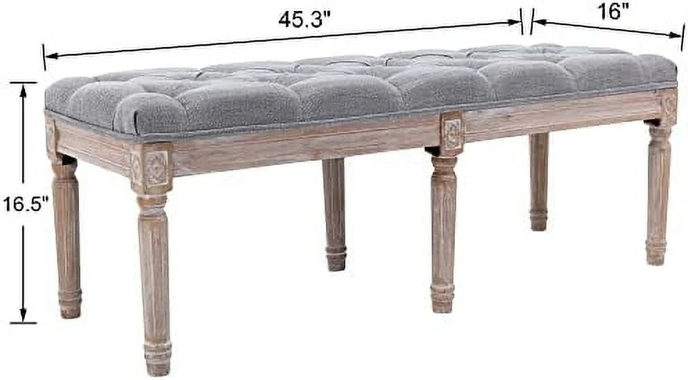 Grey Fabric Entryway Bench with Button Tufted Seat and Rustic Wood Legs R144