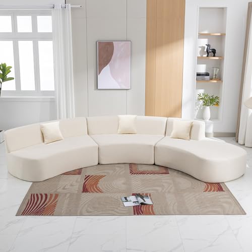 Beige Chenille Curved Sofa Sectional with Three Throw Pillows A457