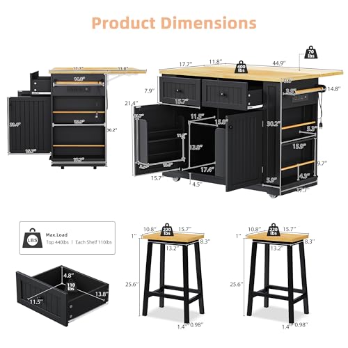 Black 48-inch Rolling Kitchen Island with Drop Leaf & Power Outlet U974002