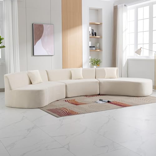 Beige Chenille Curved Sofa Sectional with Three Throw Pillows A457