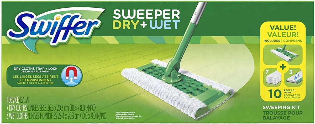 Swiffer Sweeper Dry and Wet Mop Starter Kit, 1 Mop, 7 Dry Cloths, 3 Wet Cloths N16000
