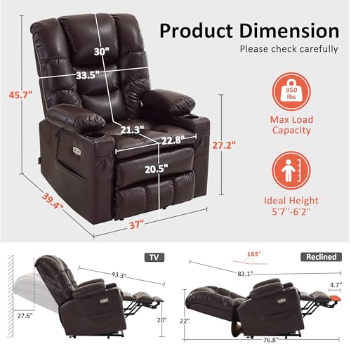 Large Triple Motor Power Lift Recliner Chair with Massage and Dual Heating, Faux Leather (Dark Brown) J52196