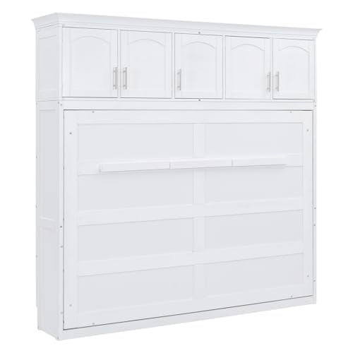 White Solid Wood Queen Murphy Bed with Cabinets D22943
