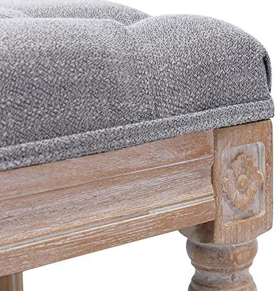Grey Fabric Entryway Bench with Button Tufted Seat and Rustic Wood Legs R144