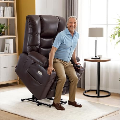 Large Triple Motor Power Lift Recliner Chair with Massage and Dual Heating, Faux Leather (Dark Brown) J52196