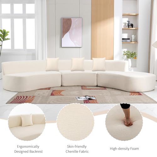 Beige Chenille Curved Sofa Sectional with Three Throw Pillows A457