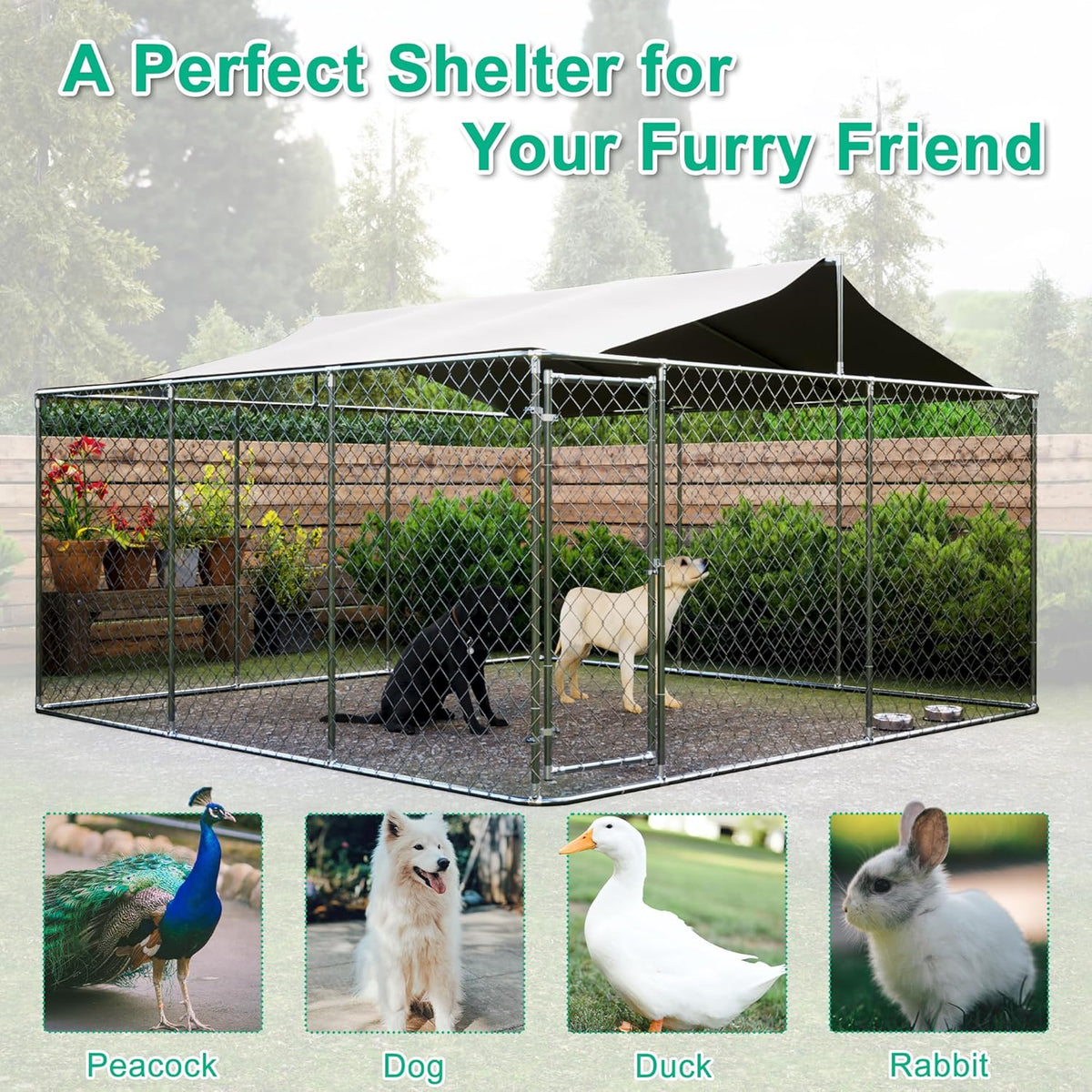 Large Outdoor Dog Kennel with Roof, Chain Link Enclosure, Galvanized Steel, 177.6 x 177.6 x 91.2 Inch O1039