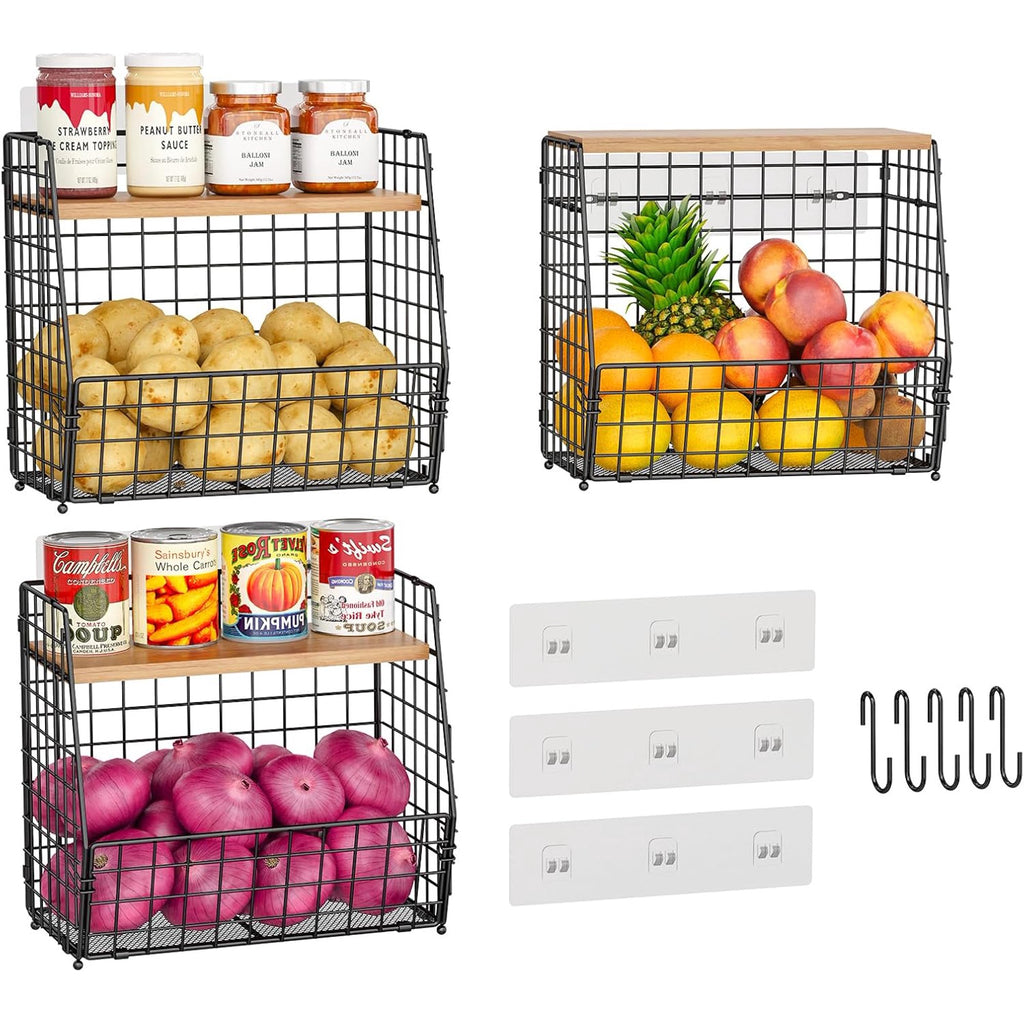 3 Pack Hanging Wire Basket with Wood Lid & S Hook U5548