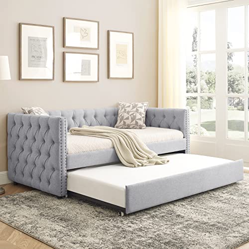 Twin Size Linen Fabric Upholstered Daybed with Trundle O890