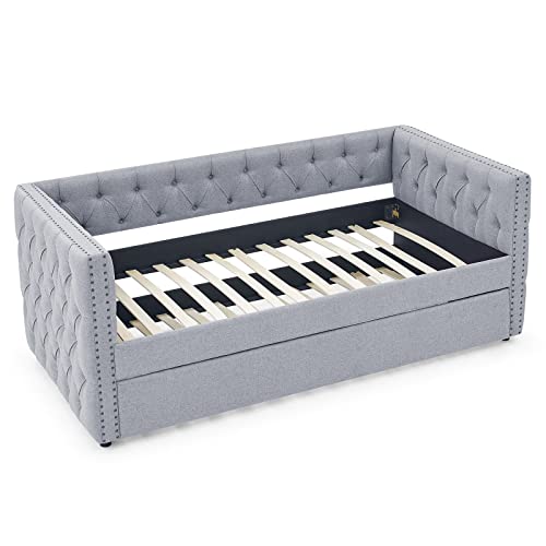 Twin Size Linen Fabric Upholstered Daybed with Trundle O890