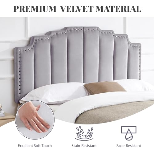 Grey Velvet Upholstered Tufted Headboard for King Size Bed H922308