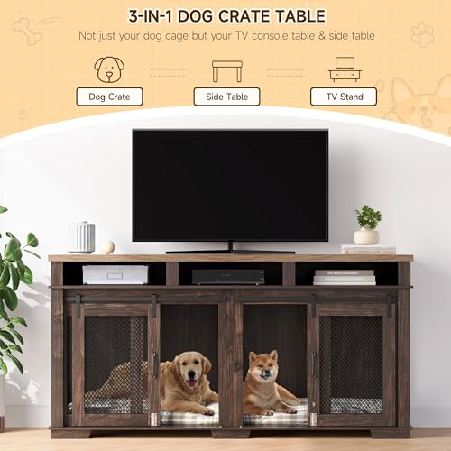 Brown Wooden Dog Crate with 3 Storages and Removable Divider C568