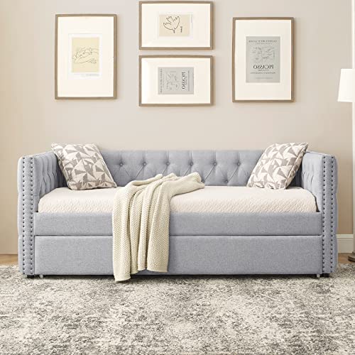 Twin Size Linen Fabric Upholstered Daybed with Trundle O890