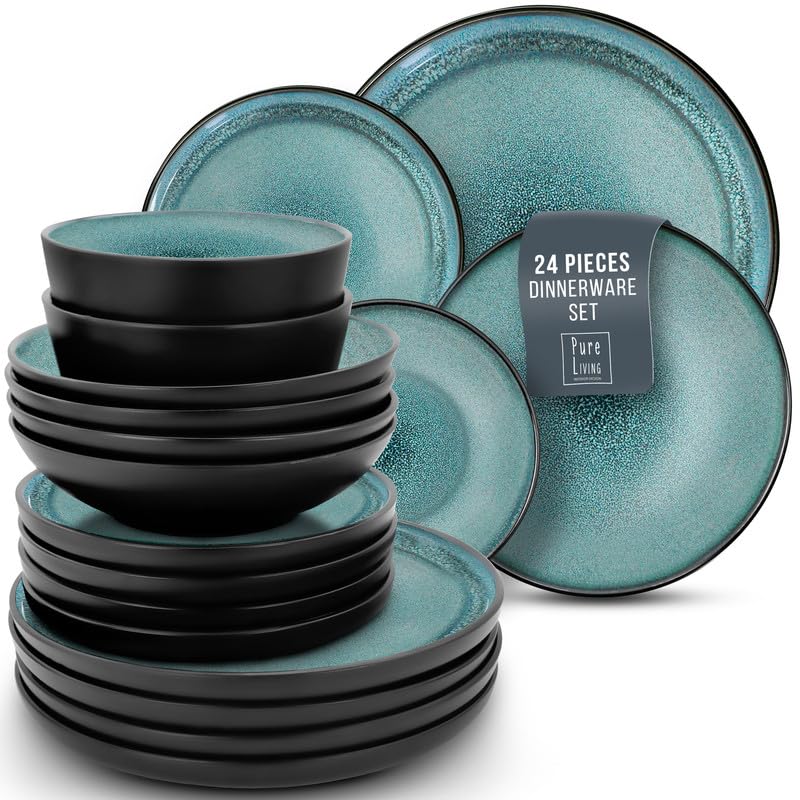 24 Piece Stoneware Dinnerware Set for 8, Beige Light Blue N458